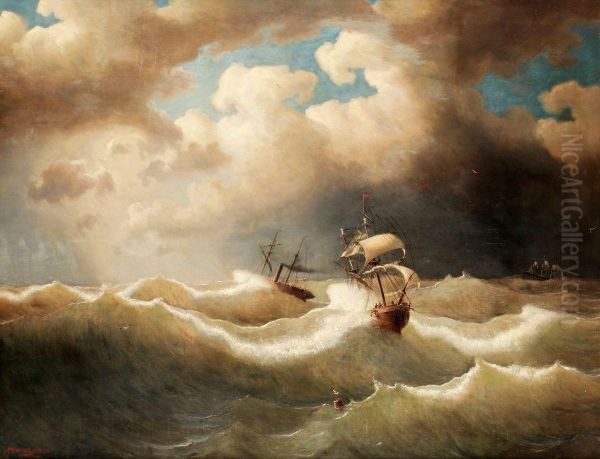 Marine With Troubled Sea With A Sailing Ship And Asteamer Oil Painting by Marcus Larson