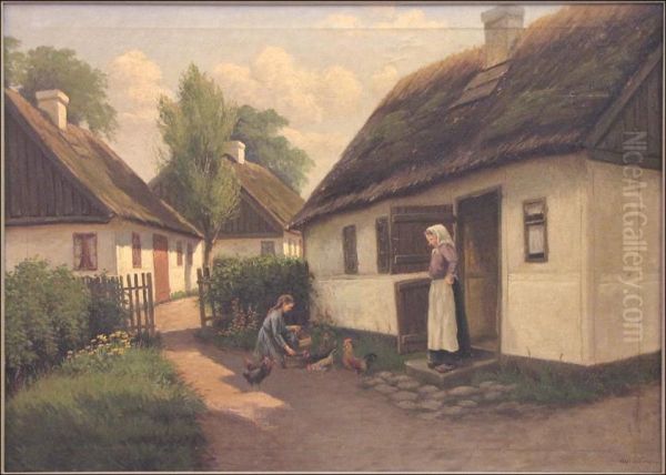 Feeding The Chickens Oil Painting by Nils Alfred Larson