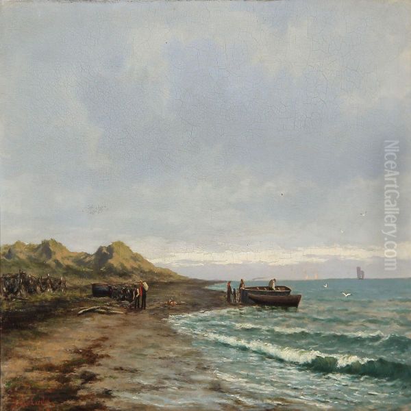 Coastal View With Boats And People On The Beach, Presumably From Norway Oil Painting by Johann Larssen