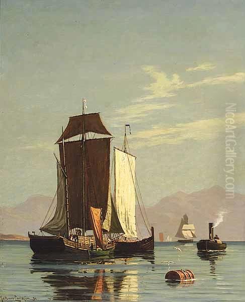 Sailing Vessels In Fjord Oil Painting by Johann Larssen