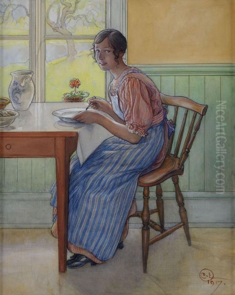 Svea I Rattarebostadens Kok Pa Spadarvet Oil Painting by Carl Larsson