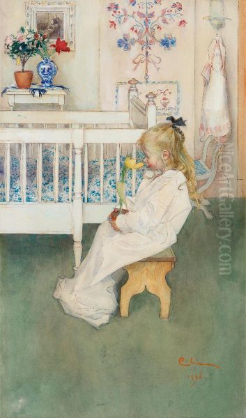 I Nattskjortan / Lisbeth Med Gul Tulpan Oil Painting by Carl Larsson