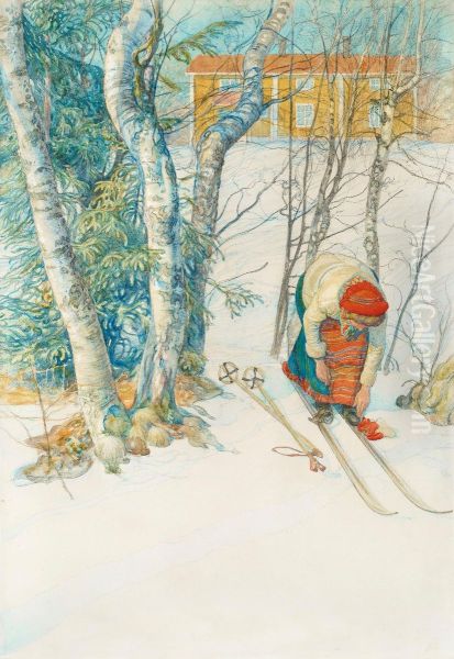 Skidloperska / Flicka Spanner Pa Sig Skidorna Oil Painting by Carl Larsson