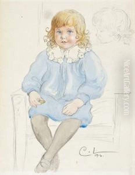 Auf Einem Fauteuil Sitzender Junge In Einem Blauenkleid. Daneben Kopfstudie Oil Painting by Carl Larsson