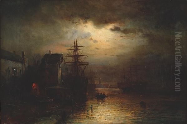 Moonlight In The Harbour, Calais, France Oil Painting by Markus Larsson