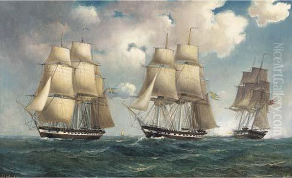 Swedish And Danish Frigates Saluting As They Pass Oil Painting by Markus Larsson