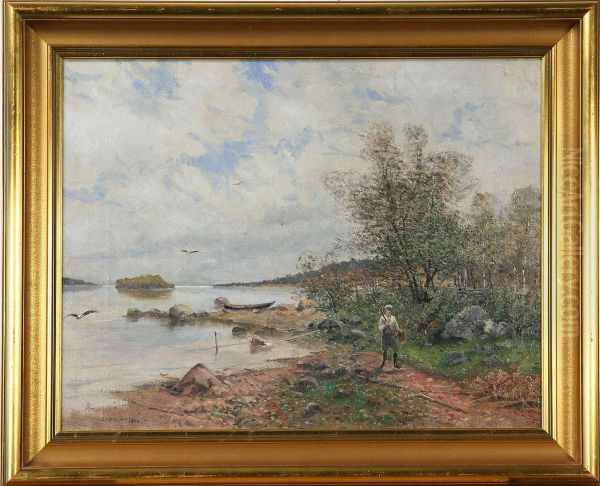 Strandlandskap Med Figur - Sommar, Signerad O Daterad O. Larsson 1900 Oil Painting by Ola Larsson