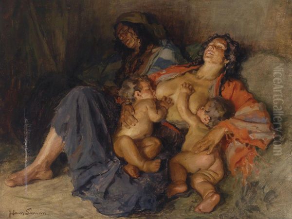 Gypsy With Her Two Children Oil Painting by Johann Larwin