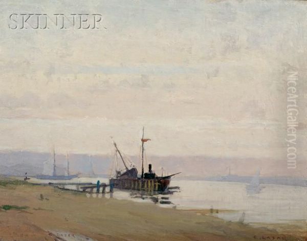 Ship At Harbor Oil Painting by Charles Augustus C. Lasar