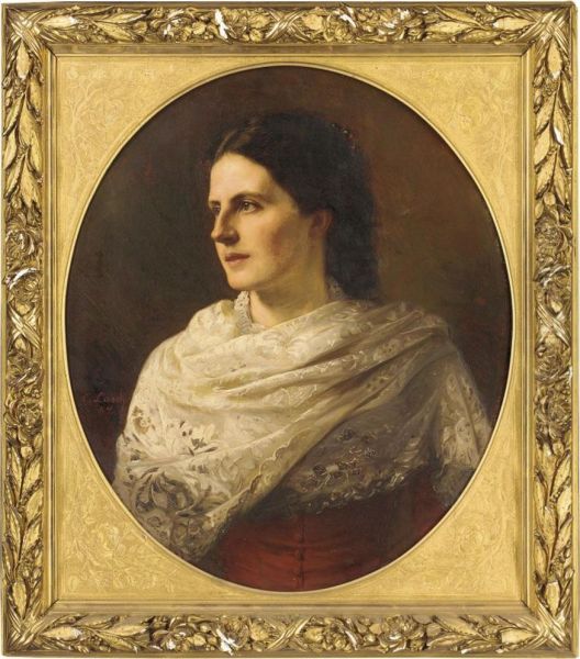 Portrait Of A Young Lady, Bust-length, In A Lace Shawl, In An Ovalmount Oil Painting by Carl Johann Lasch