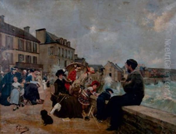 Arromanches, La Digue Animee Oil Painting by Gustave Francois Lasellaz