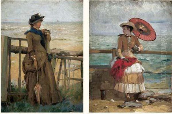 Elegantes Au Bord De La Plage Oil Painting by Gustave Francois Lasellaz