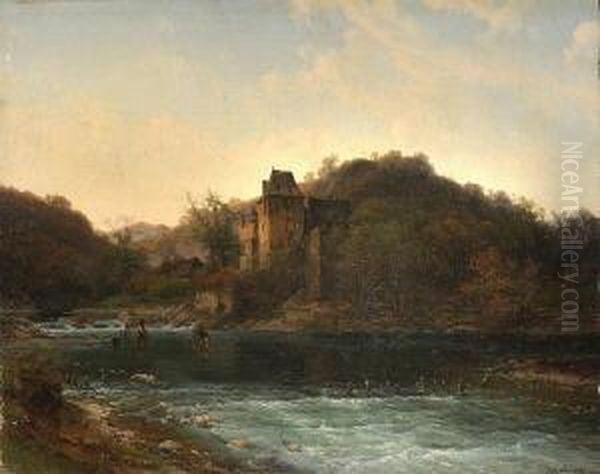 Flusslandschaft Mit
 Mittalterlicher Burg Oil Painting by Johann Adolf Lasinsky