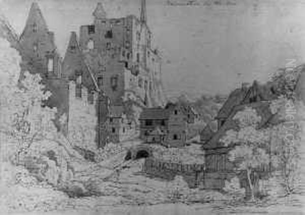 Die Ruine Balduinstein An Der Lahn Von Westen (verso Felslandschaft Mit Wasserfall Und Friedhofskapelle). Oil Painting by Johann Adolf Lasinsky