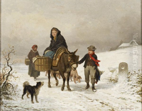 Donkey Ride In The Snow Oil Painting by Louis Simon Lassalle