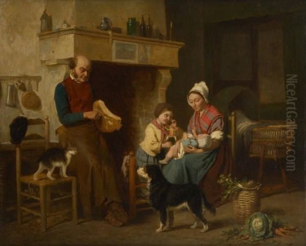 Scenede Famille Avec Chien Et Chat Oil Painting by Louis Simon Lassalle