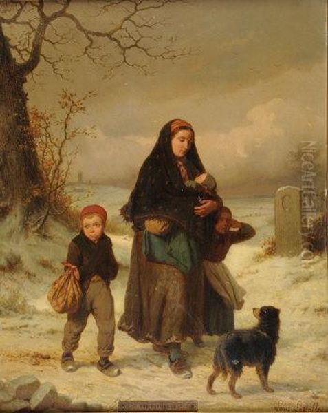 The Refugees, Woman And Children With A Dog In A Snowy Landscape Oil Painting by Louis Simon Lassalle