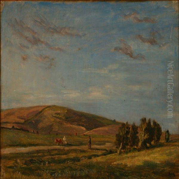 Summer Landscape With A Farmer And Cattle Oil Painting by Aksel Martin Lassen