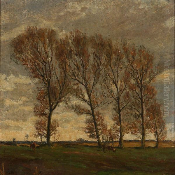 Autumn Landscapewith Trees And Grazing Cows Oil Painting by Aksel Martin Lassen