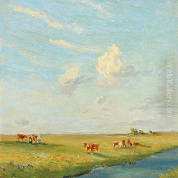 Summer Landscape With Cows Oil Painting by Axel M. Lassen