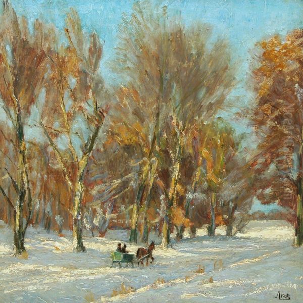 Winter Forest With Horse-drawn Sleigh Oil Painting by Axel M. Lassen