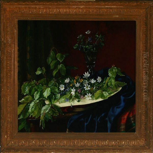 Still Life With Spring Flowers And Beech Twigs Oil Painting by Augusta Laessoe