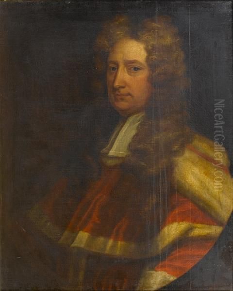 Portrait Of A Gentleman, Purported To Be Sirarthur Gore Of Newton Gore, Bust-length, In Judge's Robes, Within Apainted Oval Oil Painting by James Latham