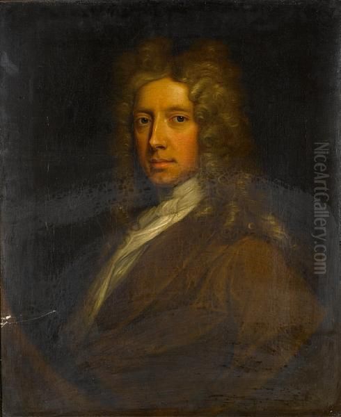 Portrait Of A Gentleman Of The Gore Familyhalf-length, In Dark Red Costume And White Lace Jabot, Within Apainted Oval Oil Painting by James Latham