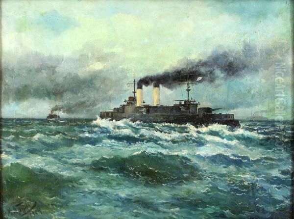 Russisches Kriegsschiff 'zessarewitsch' Mit Begleitschiff Auf Hoher See Oil Painting by Mikhail Pelopidovich Latri