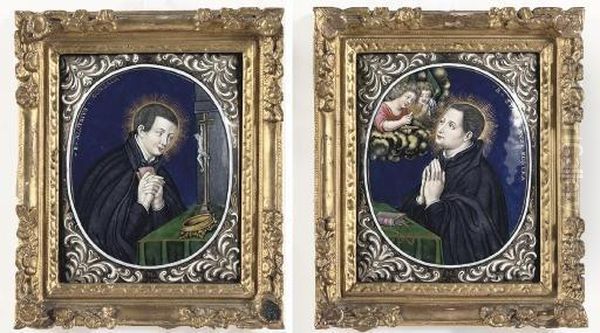 A Pair Of Limoges-enamel Plaques Depicting Saint Aloysius Gonzaga And Stanislaus Kostka Oil Painting by Nicolas I Laudin