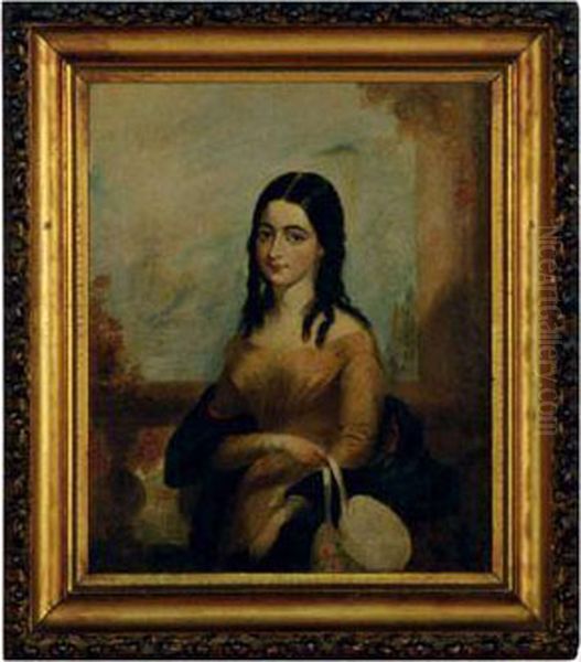 Portrait Of A Lady Wearing A Yellow Dress Holding Her Bonnet Oil Painting by J.L. I. Lauding