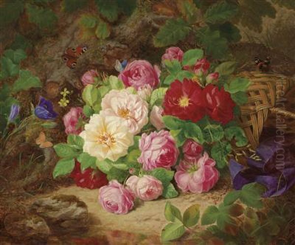 Bouquet Of Roses On A Woodland Floor With Butterflies Oil Painting by Josef Lauer