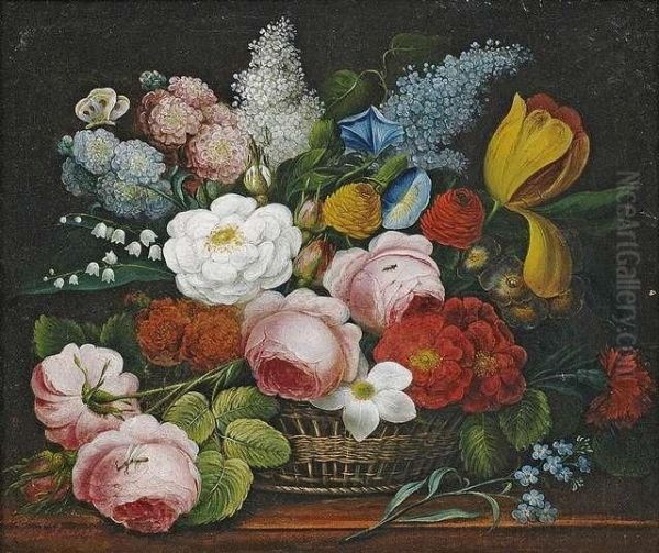 Still-life Withflowers In A Basket. Oil Painting by Josef Lauer