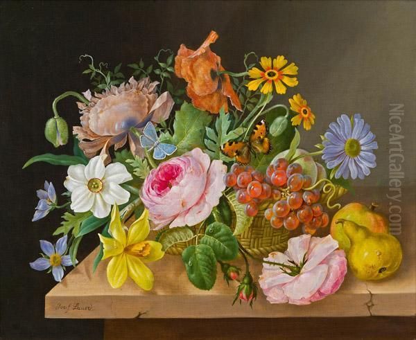 Stillleben Mit Blumen Und Obst Oil Painting by Josef Lauer