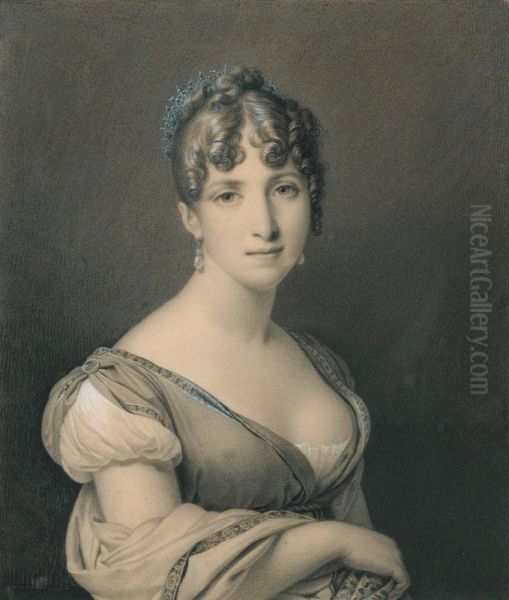 Portrait De La Reine Hortense [ ; Portrait Of Queen Hortense ; Signed Lower Right ; Black Pen, Heightened With White Chalk] Oil Painting by Jean Nicolas Laugier