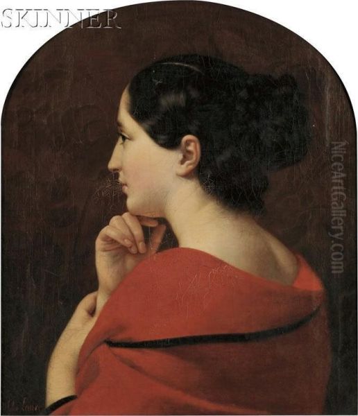 Portrait In Profile Of A Young Woman With A Red Drape Oil Painting by Jules Laure