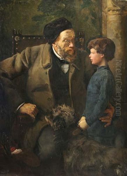 Nonno Con Nipote E Cane Oil Painting by Jean-Pierre Laurens