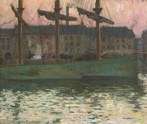 A Fishing Boat In A Harbor At Dusk Oil Painting by Jean-Pierre Laurens