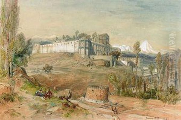 A Persian Hill Fort, With Figures Smoking In The Foreground Oil Painting by Jules Joseph Augustin Laurens