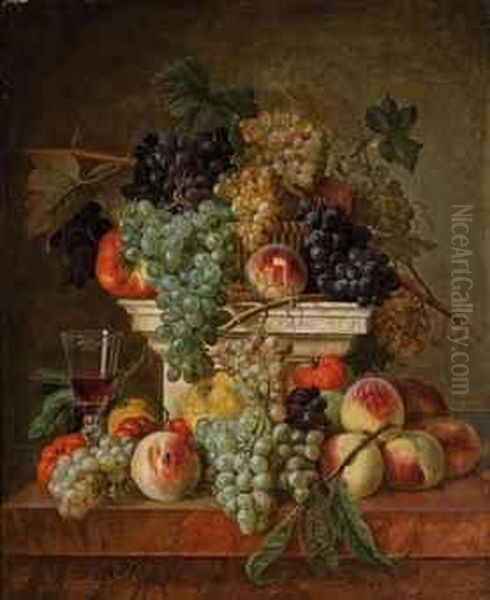 Peaches, Grapes And A Glass Of Wine On A Marble Ledge Oil Painting by Francois Nicolas Laurent