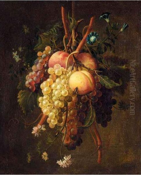 A Still Life Of Grapes, Peaches And Flowers Suspended From A Rope Oil Painting by Francois Nicolas Laurent