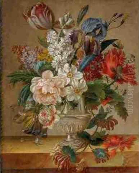 Still Life Of Flowers In A Vase Resting On A Marble Ledge Oil Painting by Francois Nicolas Laurent