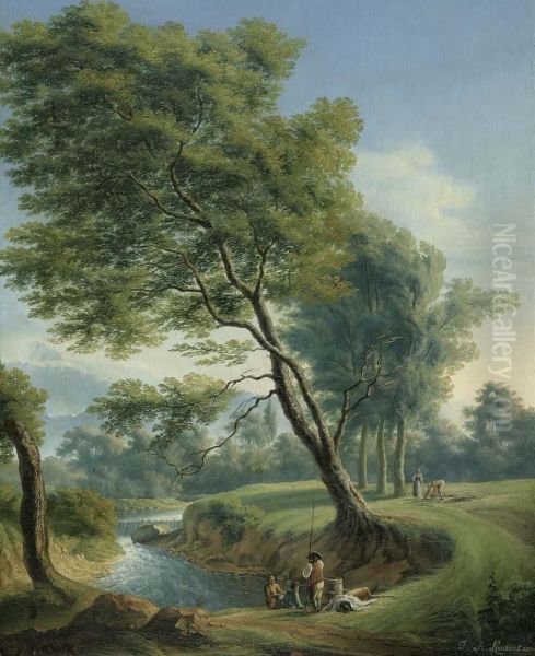 Flusslandschaft Mit Anglern. Oil Painting by Jean Antoine Laurent