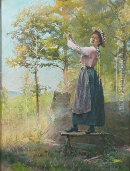 Jeune Femme Debout Sur Un Banc, Posant En Lisiere De Foret Oil Painting by Henri Laurent-Desrousseaux