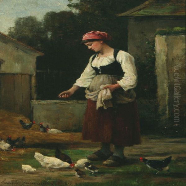 Farm Exterior With A Young Girl Oil Painting by Henri Laurent-Desrousseaux