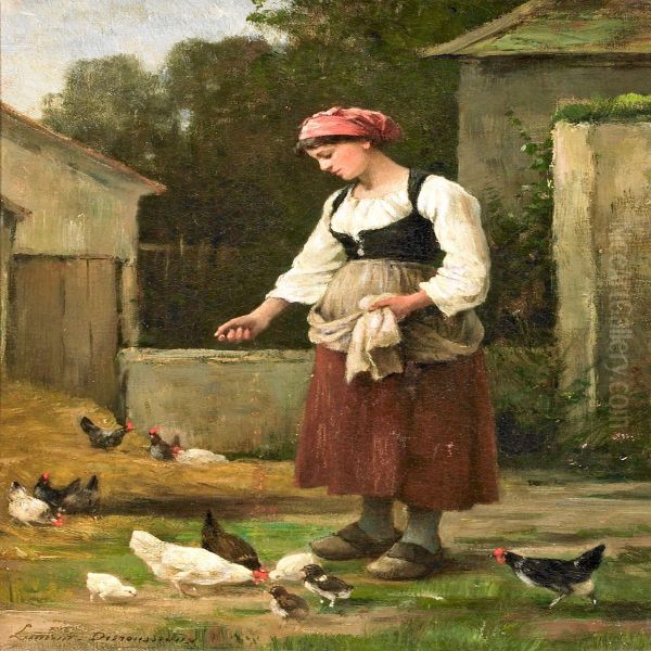 Farm Exterior With A Young Girl Oil Painting by Henri Laurent-Desrousseaux