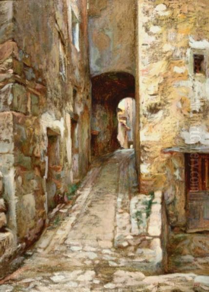 Straatje. Gesigneerd Oil Painting by Henri Laurent-Desrousseaux