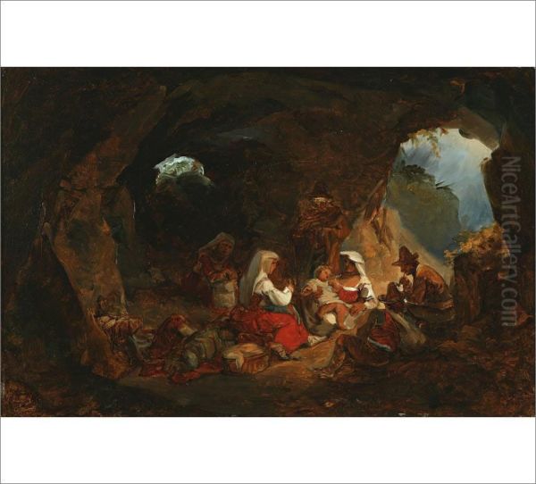 Robbers With Shepherd?s Family In A Cave Oil Painting by Alexander Laureus