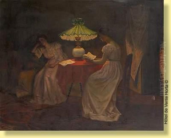 La Lecture A La Lueur De La Lampe A Petrole Oil Painting by Armand Laureys