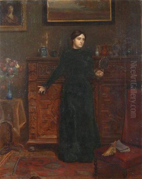 Pensive Woman With Mirror In Interior Oil Painting by Armand Laureys